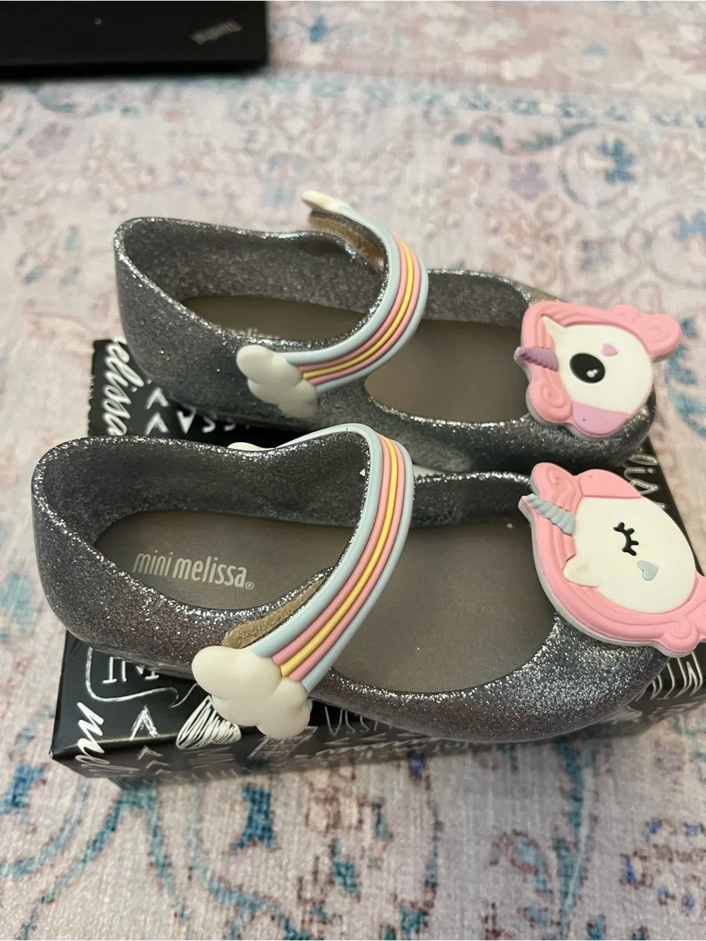 mini melissa Glitter Unicorn Mary Jane Shoes in Silver and Pink